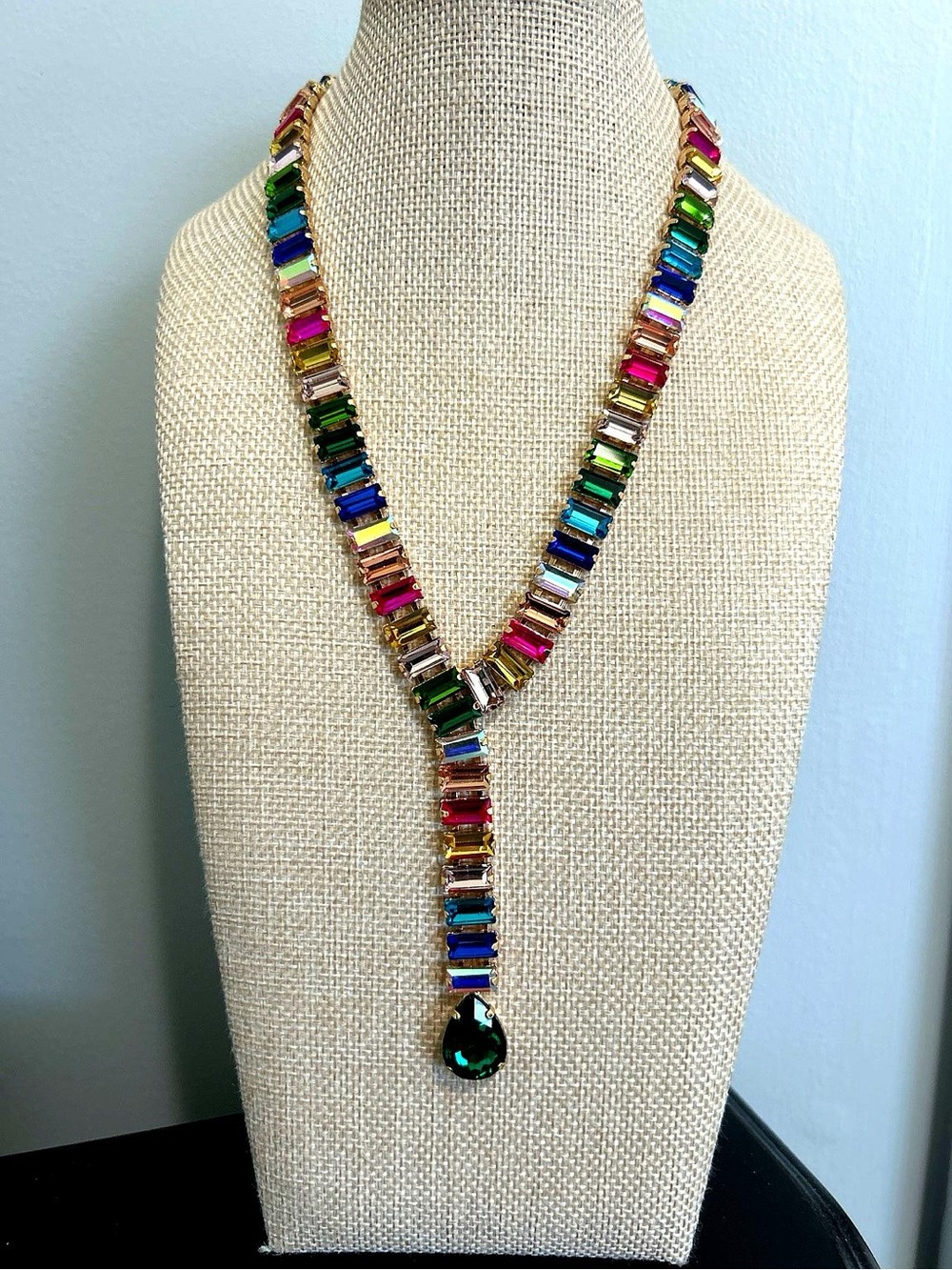 Rainbow Baguette Crystal Y Necklace + Matching Earrings Set | Statement Jewelry